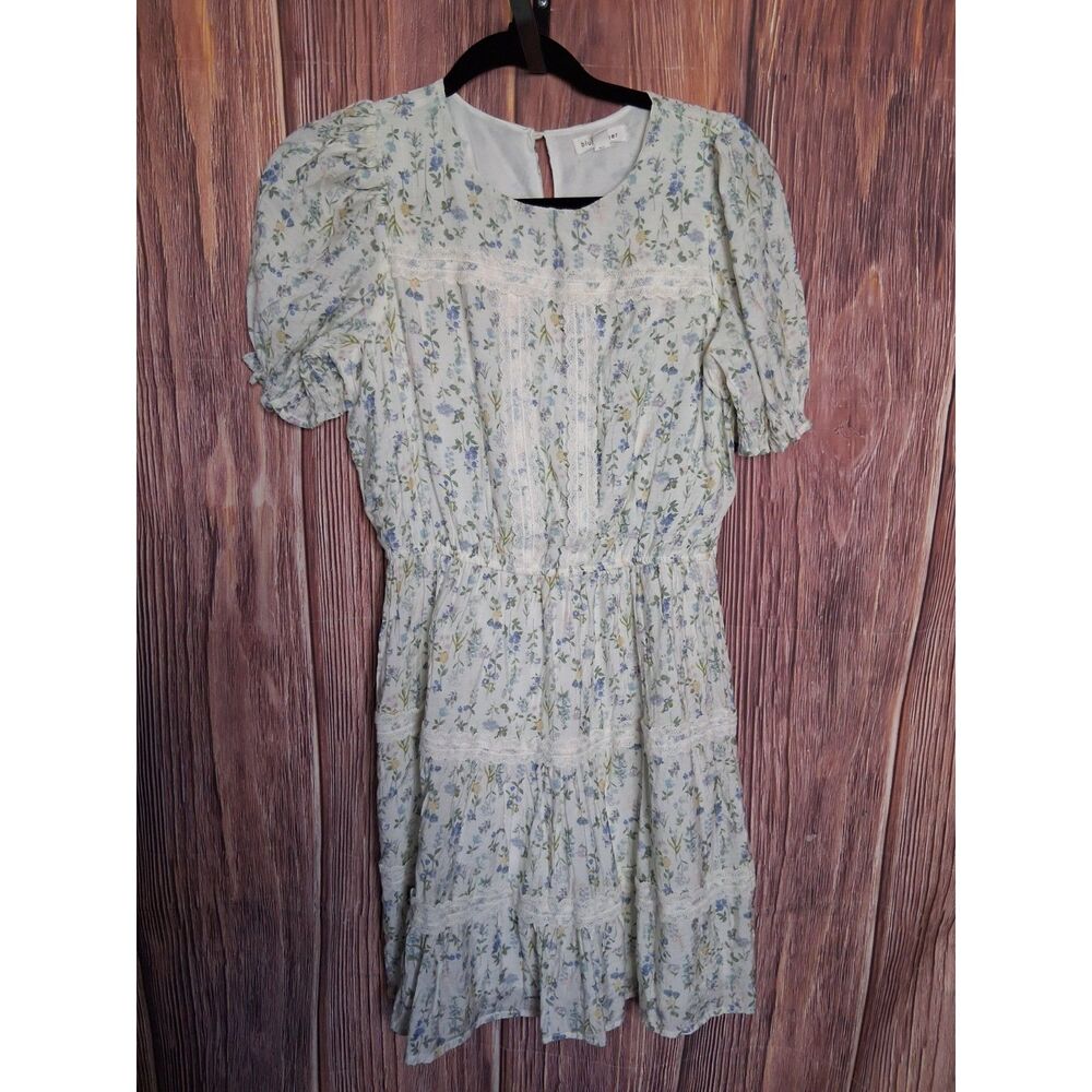 Blu Pepper Floral Short Sleeve Crochet Lace Trim Midi Prairie Dress Medium
